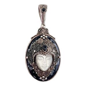 925 Silver Sajen Goddess Face Mother of Pearl PENDANT Black Obsidian Onyx Gems